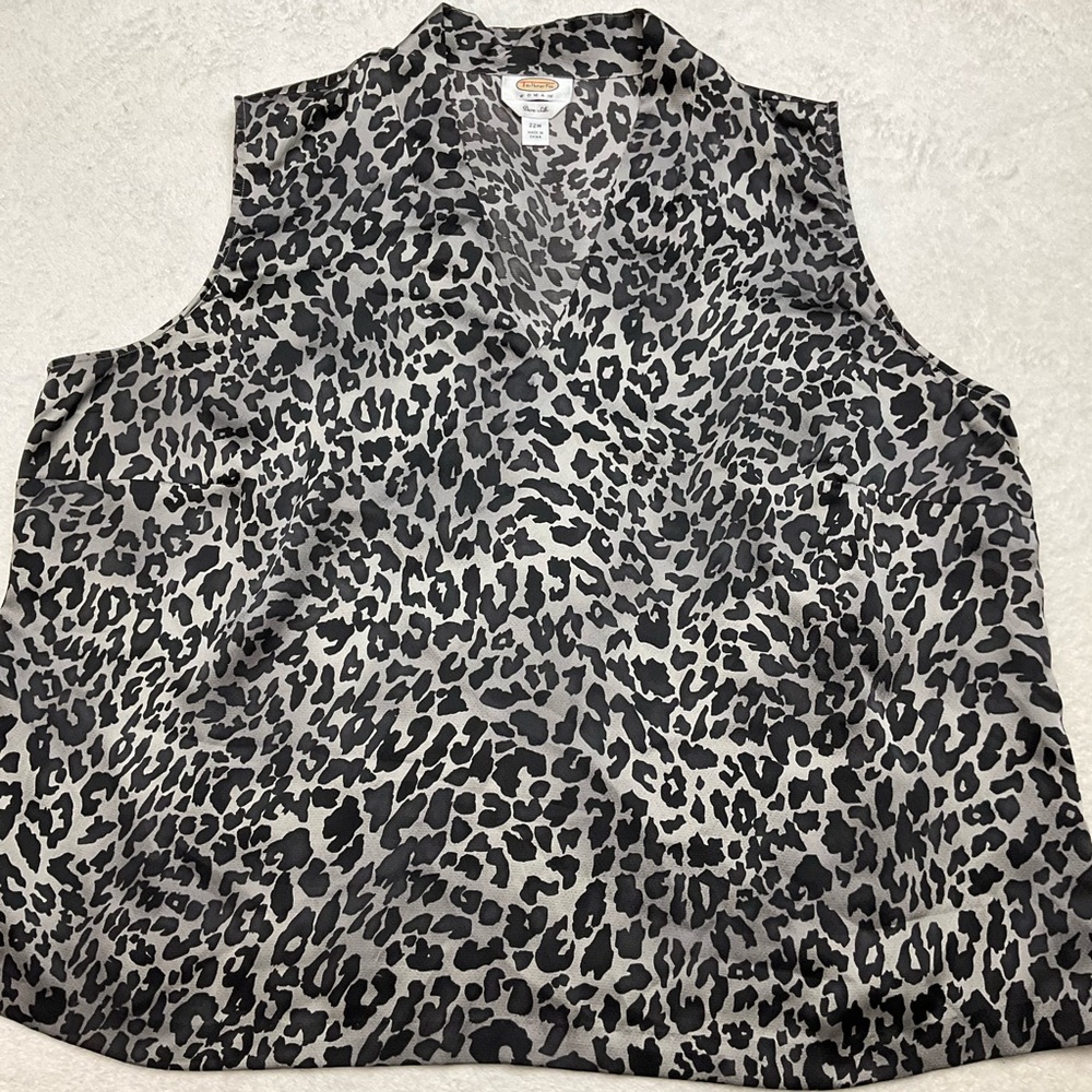 TALBOTS Pure Silk Black & Gray Leopard Print Animal Sleeveless Blouse Woman 22W